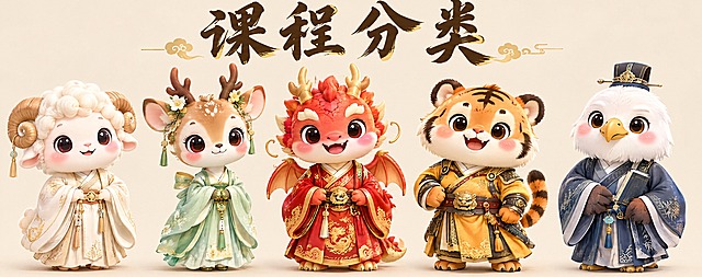 五只可爱的Q版神兽并排站立，浅米色简洁背景，上方有课程分类四个大字。从左到右是白羊、小鹿、红龙、老虎、老鹰，都穿着古风衣服，3D卡通风格，横版构图，干净明亮